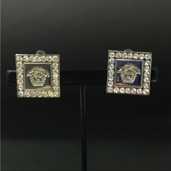 AUTH Gianni Versace Rhinestone Vintage Earrings Silver